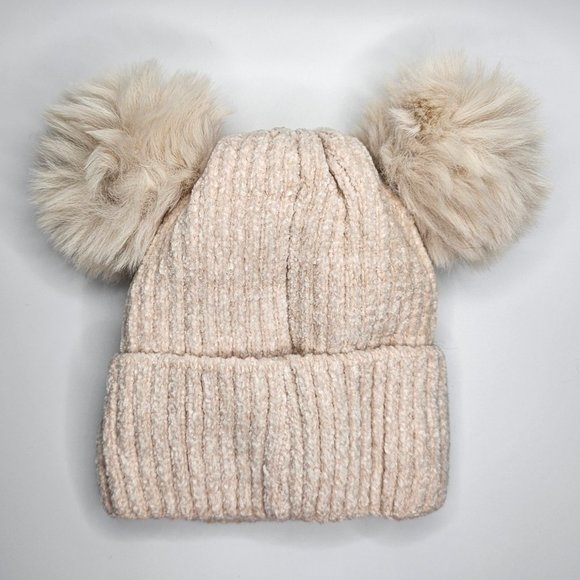 Beige Kids Teddy Bear Sherpa Lined Soft Knit Pom Pom Beanie Winter Hat - Picture 2 of 7